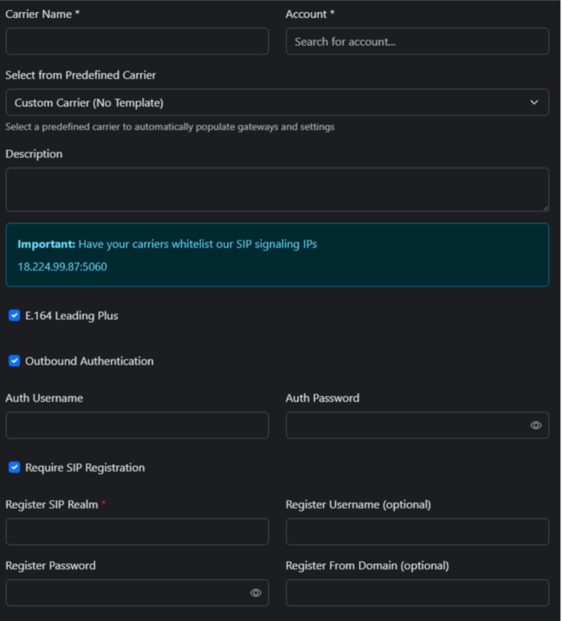 UponAI SIP carrier configuration — custom carrier setup