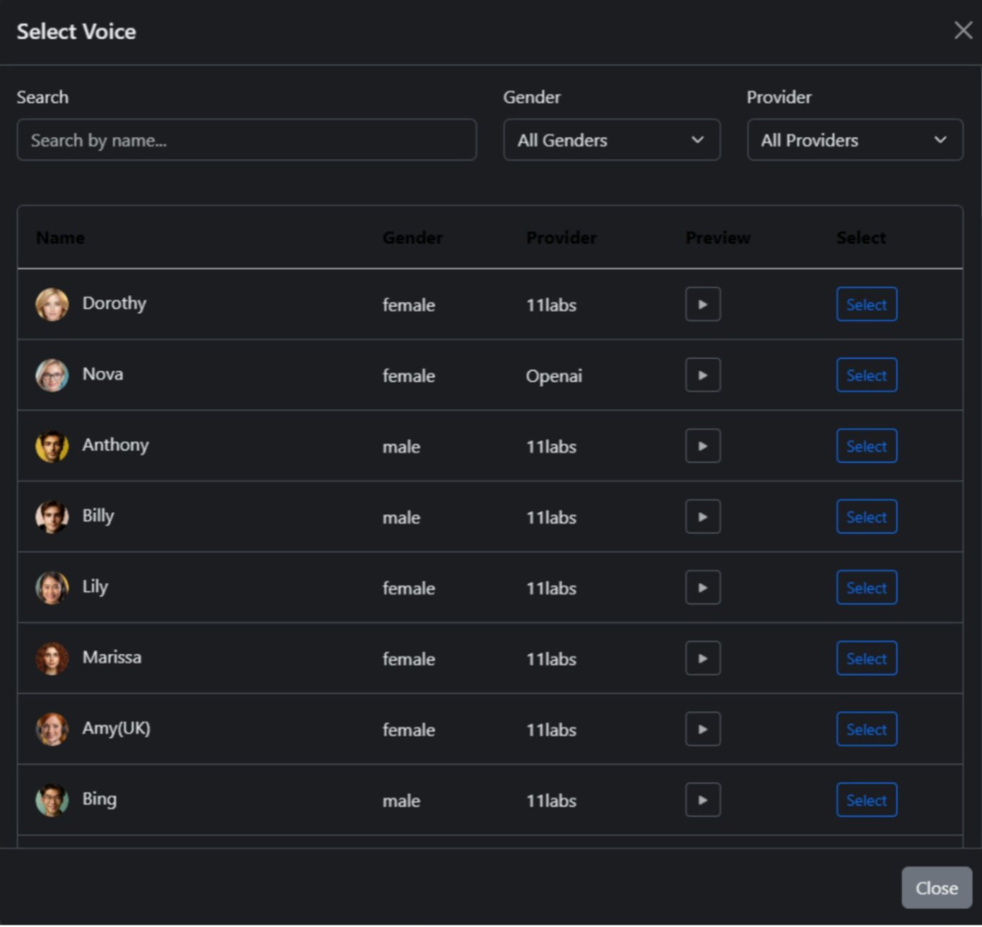 UponAI voice selection — choose from ElevenLabs and OpenAI voices