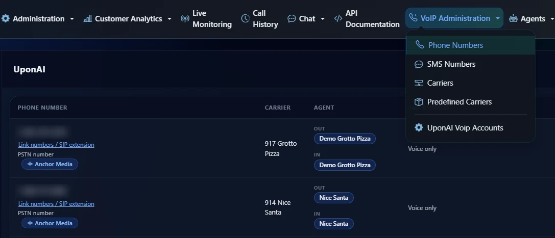 UponAI VoIP administration listing phone numbers, carriers, and assigned agents