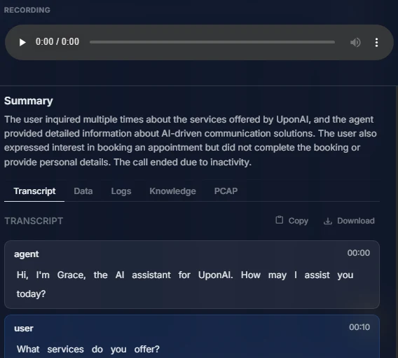 UponAI call detail with recording, AI summary, and transcript